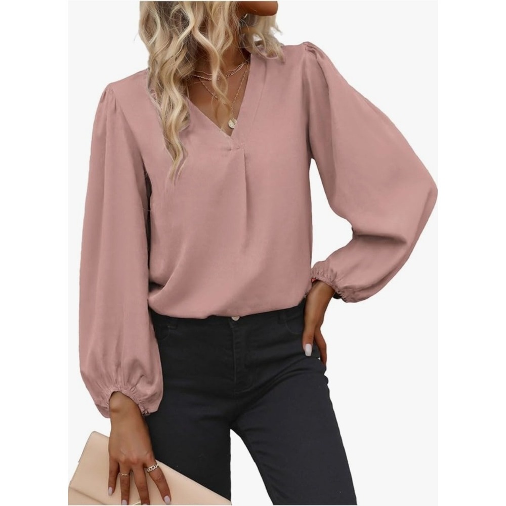 Pink V‎ Neck Long Sleeve Bishop Sleeve Casual Blouse Top Women S NWT